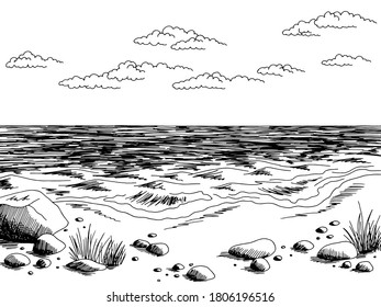 Sea coast graphic beach black white landscape sketch illustration vector