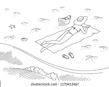 Sea coast graphic black white landscape sketch illustration vector. Woman sunbathing in a hat