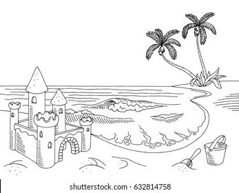 Sea coast graphic sand castle black white landscape sketch illustration vector
