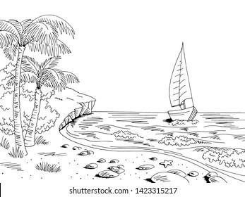 Sea coast graphic yacht sea bay black white landscape sketch illustration vector