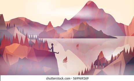 Sea Coast with High Cliffs and Man Sitting on the Edge - Vector Illustration