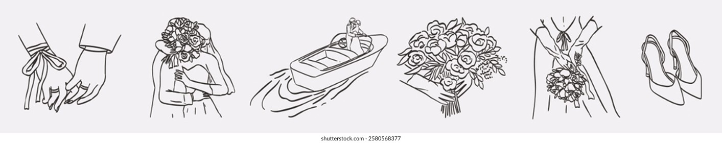 Sea coast or italian marine style wedding design elements for print. Honeymoon doodle ink vector illustrations in retro line elegant style. Kissing bride and groom on motorboat and flower bouquet.