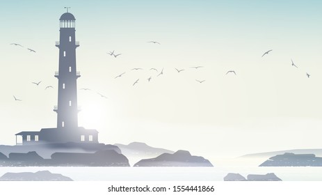 Sea coast landscape with lighthouse. Vector background.