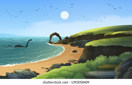 Sea coast landscape with Loch Ness monster in the water. Sandy beach landscape with rocks and cliffs.