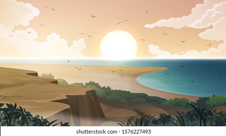 Sea coast landscape vector background. Sandy tropical beach with rocks and cliffs.