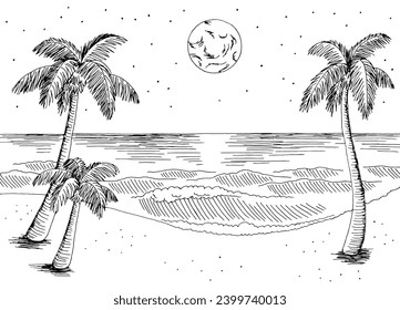 Sea coast night graphic beach black white landscape sketch illustration vector