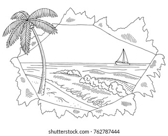 Sea coast paper hole graphic black white landscape sketch illustration vector