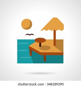 Sea coast with pier. Awning and table for comfort summer leisure. Tropical resort. Flat color style vector icon. Single web design element for mobile app or website.