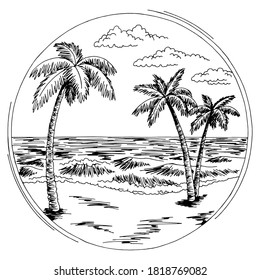 Sea coast round frame graphic beach black white landscape sketch illustration vector