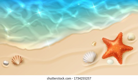 Sea coast with sand, ocean wave, shells and star fish top view. Cartoon vector beach with sandy seaside, blue transparent water surface, pebbles and conch. Paradise island, exotic tropical plage