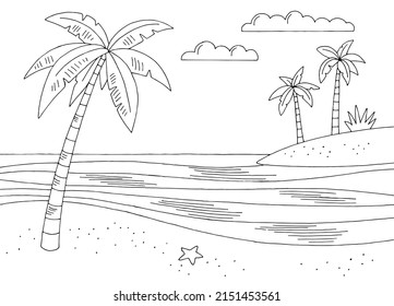 Schlichte Meeresküste, grafischer Strand schwarz-weißer Landschaftsskizze, Vektorgrafik