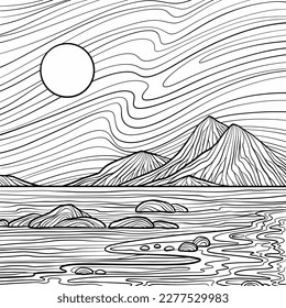 Sea, coast, stones, mountains and sky. Adult colouring page, art therapy, antistress. Cartoon linear doodle coloring poster. Line art illustration. Scalable vector graphic. 