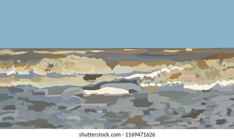Sea coast. A storm warning. Waves with sea foam. Seascape in the resort