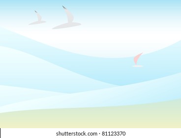 Sea coast and two seagulls over waves