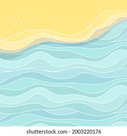 Costa del mar. Olas, arena de playa. Vista superior. Un lugar para tu texto. Ilustración vectorial colorida.