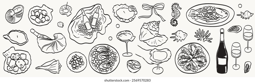 Sea coast wedding with wine and seafood decorated with seashells. Hand drawn food and champagne illustrations. Italian romantic summer holidays on beach. Doodle drawing for menu, invitation and poster