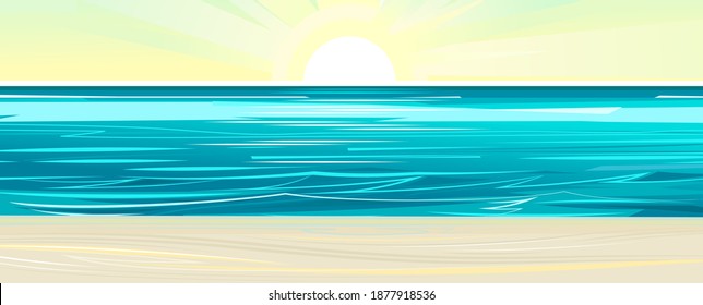 Sea coastal landscape. Flat style illustration. Sandy beach in the ocean, summer sky and distant horizon. Vector