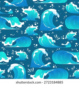 Sea coastal waves seamless pattern. Water flows with splashes and foam. Marine storm. Repeated print. Ocean swirl tsunami. Blue liquid fountains and aqua blowout. Splashing drops. Vector background