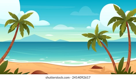 Costa marítima. Paisaje vectorial de playa de verano, costa tropical oceánica con montañas, palmeras. Fondo del horizonte marino. Ilustración de la vista Seascape. Vacaciones de verano. Lugar de descanso para vacaciones