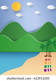 Sea with coconut tree on beach and mountain view , paper art style