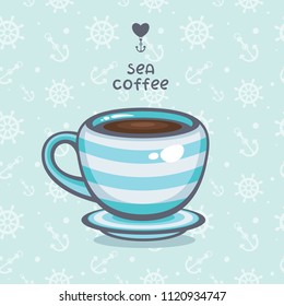 Sea coffee vector illustration. Cup of coffee with blue and white strips. Template for summer postcard, cafe logo and menu decoration. Cute sea poster.