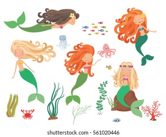 Colección marítima. Sirenas y animales marinos en un fondo blanco. Ilustración vectorial de dibujos animados