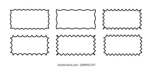 SeA collection of rectangular linear frames with wavy edges. Square shapes with zigzag borders. Set of black elements for design, decoration, banner, poster, label, tag, flyer. Vector illustration.