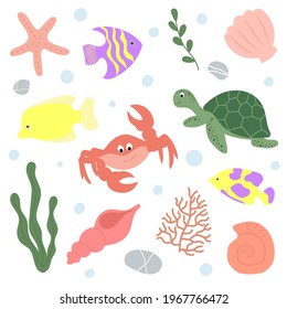 Sea collection. Set of crab, turtle, starfish, coral, fishes and shells. Isolated vector illustration
