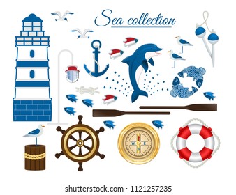 Sea collection. Set of vector symbols: compass, life ring, anchor, lighthouse, gull, oars, floats, fish. Isolated on white background, vector illustration.