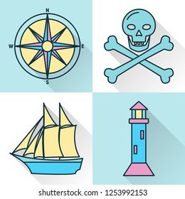 Sea collection of ship and nautical icons in line style