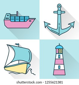 Sea collection of ship and nautical icons in line style