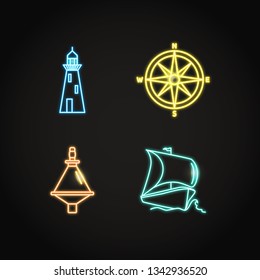 Sea collection of ship and nautical icons in glowing neon style