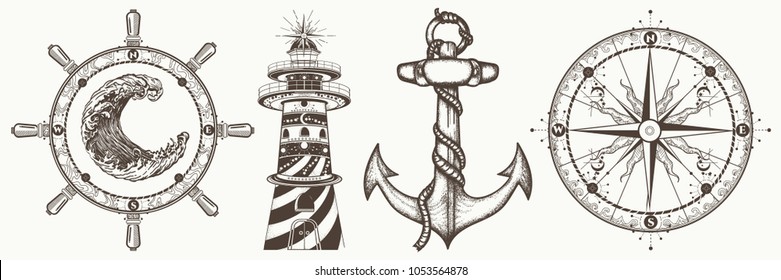 Sea collection vintage elements vector. Symbols of adventure voyage, tourism, outdoor. Anchor, steering wheel, compass, lighthouse, sea wave