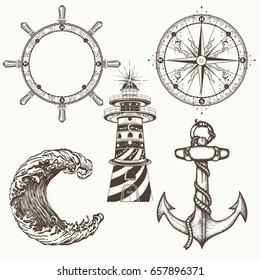 Sea collection vintage elements vector. Anchor, steering wheel, compass, lighthouse, sea wave. Hand drawn retro set 
