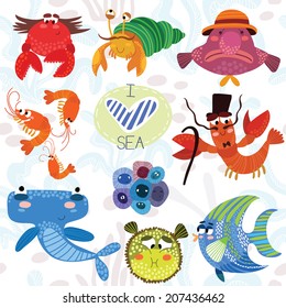 Sea collection.Bright hand drawn illustration in cute style.