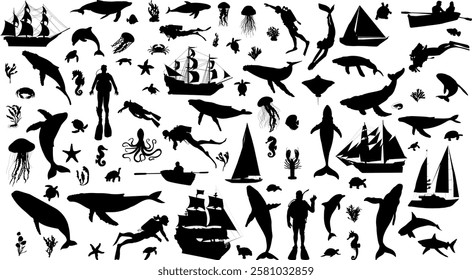 sea ​​silhouette collection,ships,whales,fish,scuba diver,jellyfish collection,set silhouette on white background vector