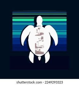 sea collore illustrations turtle. Vector illustration for emblem, flyer, sticker, label and print. Summer vacation advertisement. Symbols of rest on the seaside.