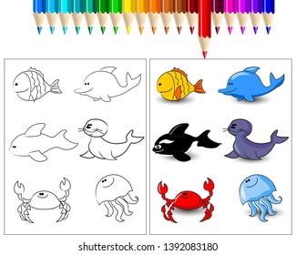 sea ​​animal Coloring book with cartoon wild animals collection cute draw character.