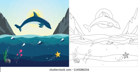Sea coloring book for children with example of  painted image. The dolphin jumps out of the water on the background of sea landscape and mountains.  Seascape with the underwater world in the ocean. 