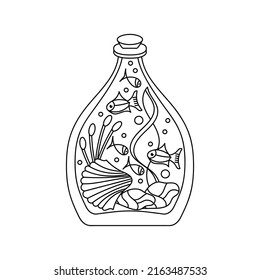 Sea Coloring book page . A glass bottle with fishes, plants and shells. Hand drawn vector illustration. Ocean inside the container