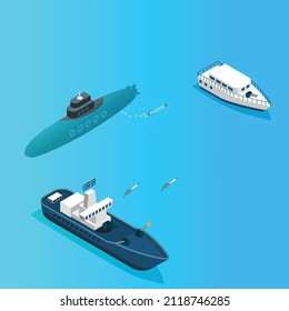 Seekampf isometrische 3D-Vektorgrafik-Konzept-Banner, Website, Landungsseite, Anzeigen, Flyer-Vorlage