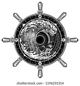 Sea compass and storm tattoo celtic style. Great outdoors. Big wave and rose compass t-shirt design 