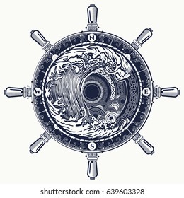 Sea compass and storm tattoo celtic style. Great outdoors. Tsunami waves tattoo. Big wave and rose compass t-shirt design