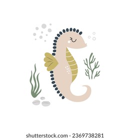 Sea composition with colorful seahorse and abstract elements. Hand drawn design with marine animals for prints, frame arts, decorations