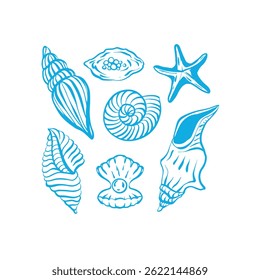 Sea composition with hand drawn seashells, starfish and pearls in blue color. Oceanic card template. Vector illustration