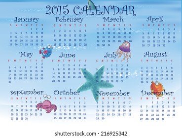 Sea concept 2015 calendar in us style, start on sunday, each month with individual table.