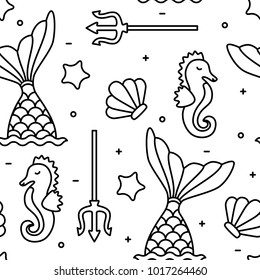 Sea concept black outline seahorse mermaid seamless pattern