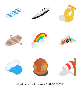 Sea conditions icons set. Isometric set of 9 sea conditions vector icons for web isolated on white background