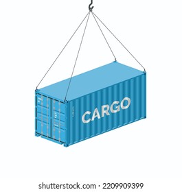 Sea container hanging on a crane hook isolated on white, realistic vector illustration