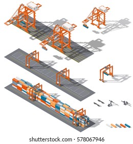 Sea container terminal. Ship-to-shore, and storage containers zone, which is represented the work rtg and sts cranes and related equipment, terminal tractors and container handler, isometric icon set